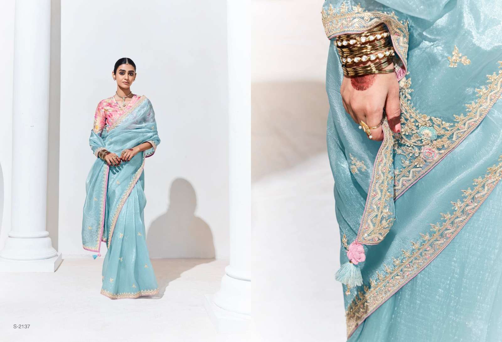 DESIGNER FANCY WEDDING PARTY WEAR INDIAN SKY BLUE ORGANZA SAREE COLLECTION SM KM RANGHAT 2137