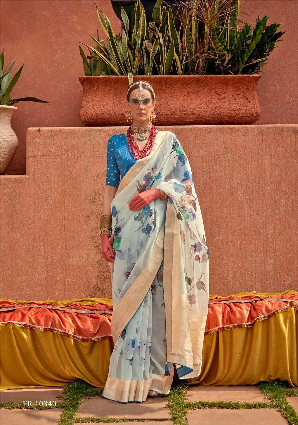 DESIGNER FANCY WEDDING PARTY WEAR INDIAN SKY BLUE SILK SAREE SM TRRTH GEETANJLI 10340