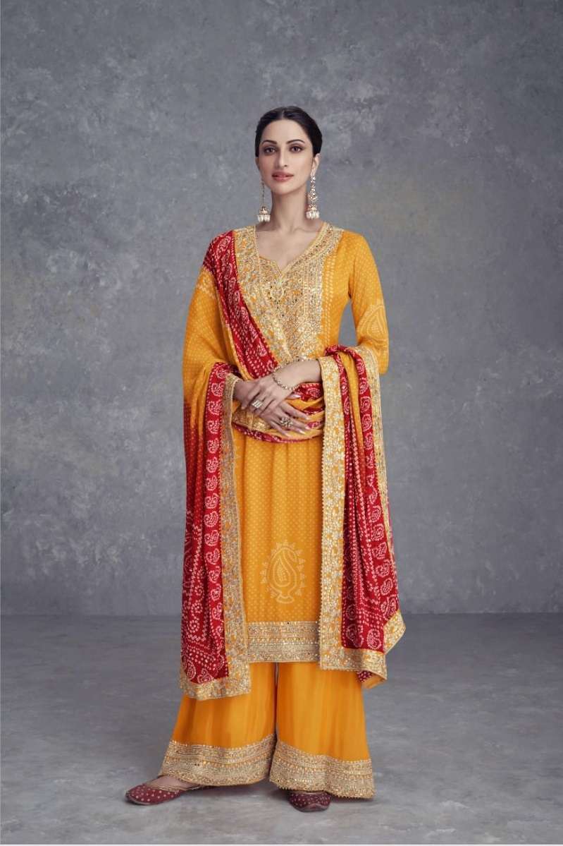 DESIGNER FANCY WEDDING PARTY WEAR INDIAN YELLOW CHINON SHARARA PALAZZO SALWAR SUIT GL TAKSHVI 7469