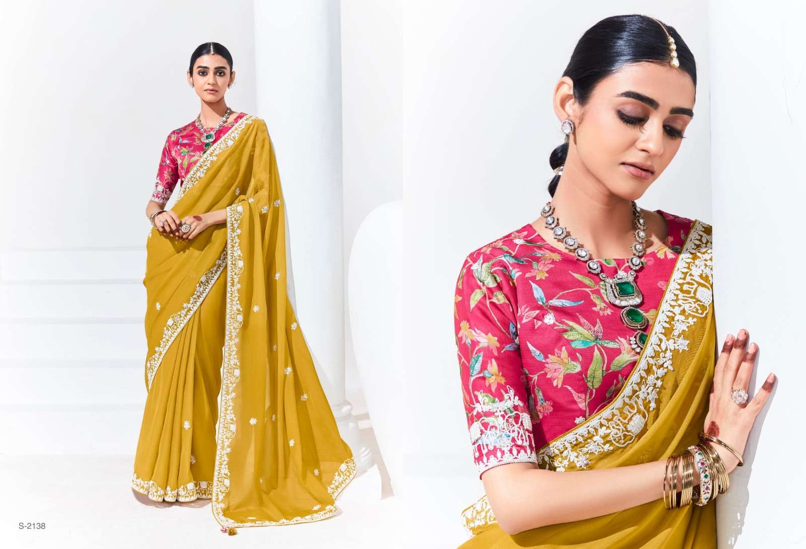 DESIGNER FANCY WEDDING PARTY WEAR INDIAN YELLOW ORGANZA SAREE COLLECTION SM KM RANGHAT 2138