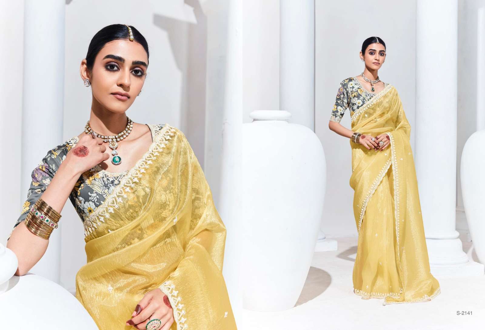 DESIGNER FANCY WEDDING PARTY WEAR INDIAN YELLOW ORGANZA SAREE COLLECTION SM KM RANGHAT 2141