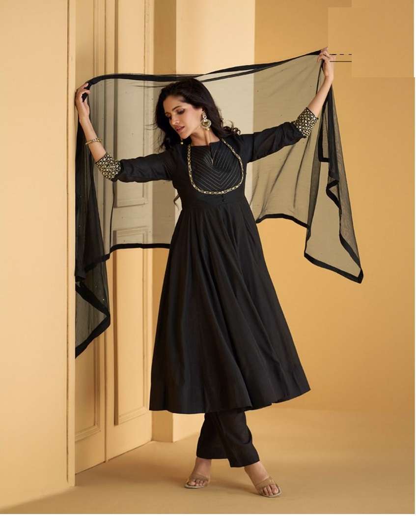 DESIGNER FANCY WEDDING PARTY WEAR READYMADE INDIAN BLACK SILK SHARARA PALAZZO SALWAR SUIT SY MANDIRA 5545