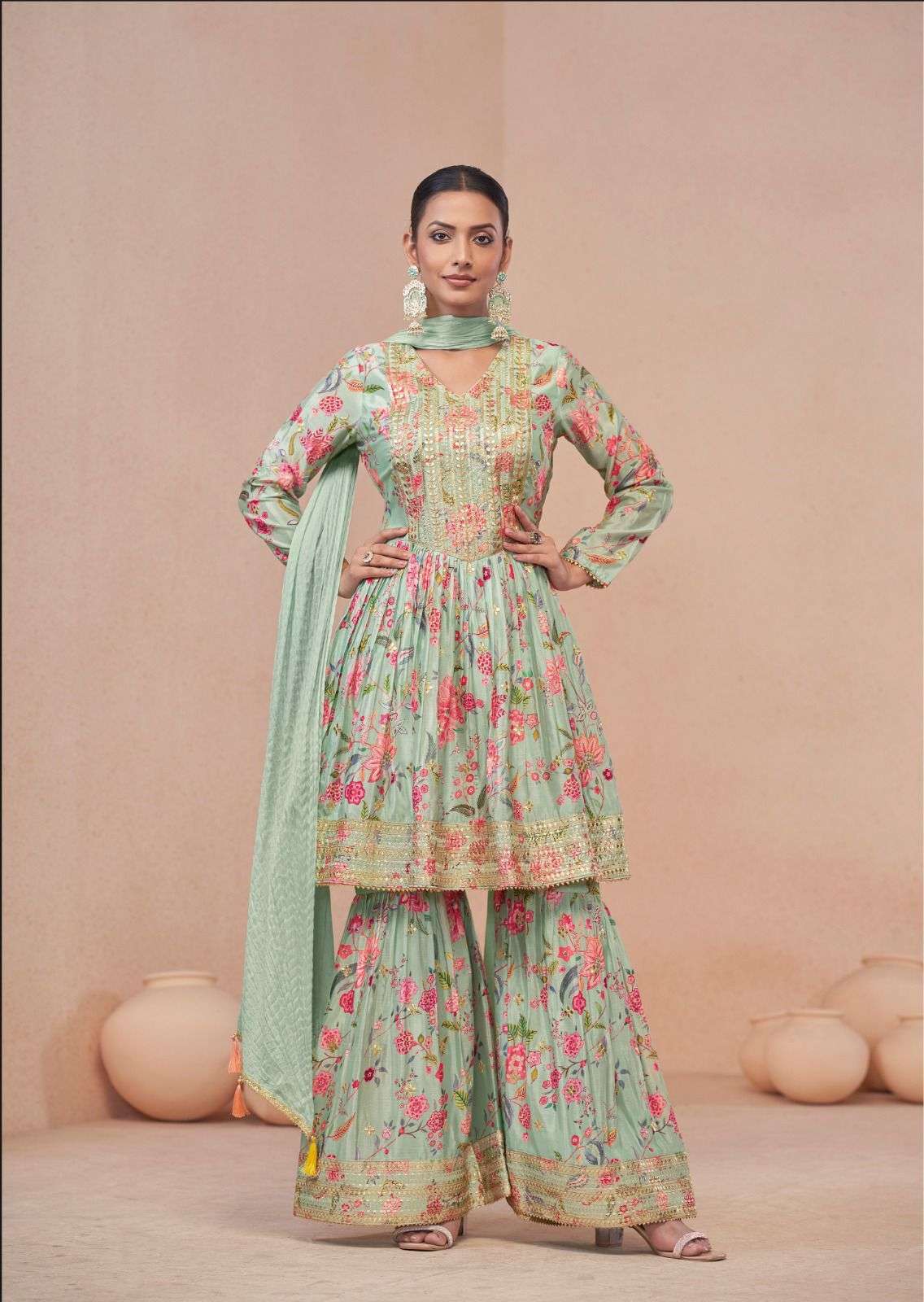 DESIGNER FANCY WEDDING PARTY WEAR REAL CHINON GREEN PALLAZO SHARARA SALWAR SUIT GL VANSHIKA 7472 C