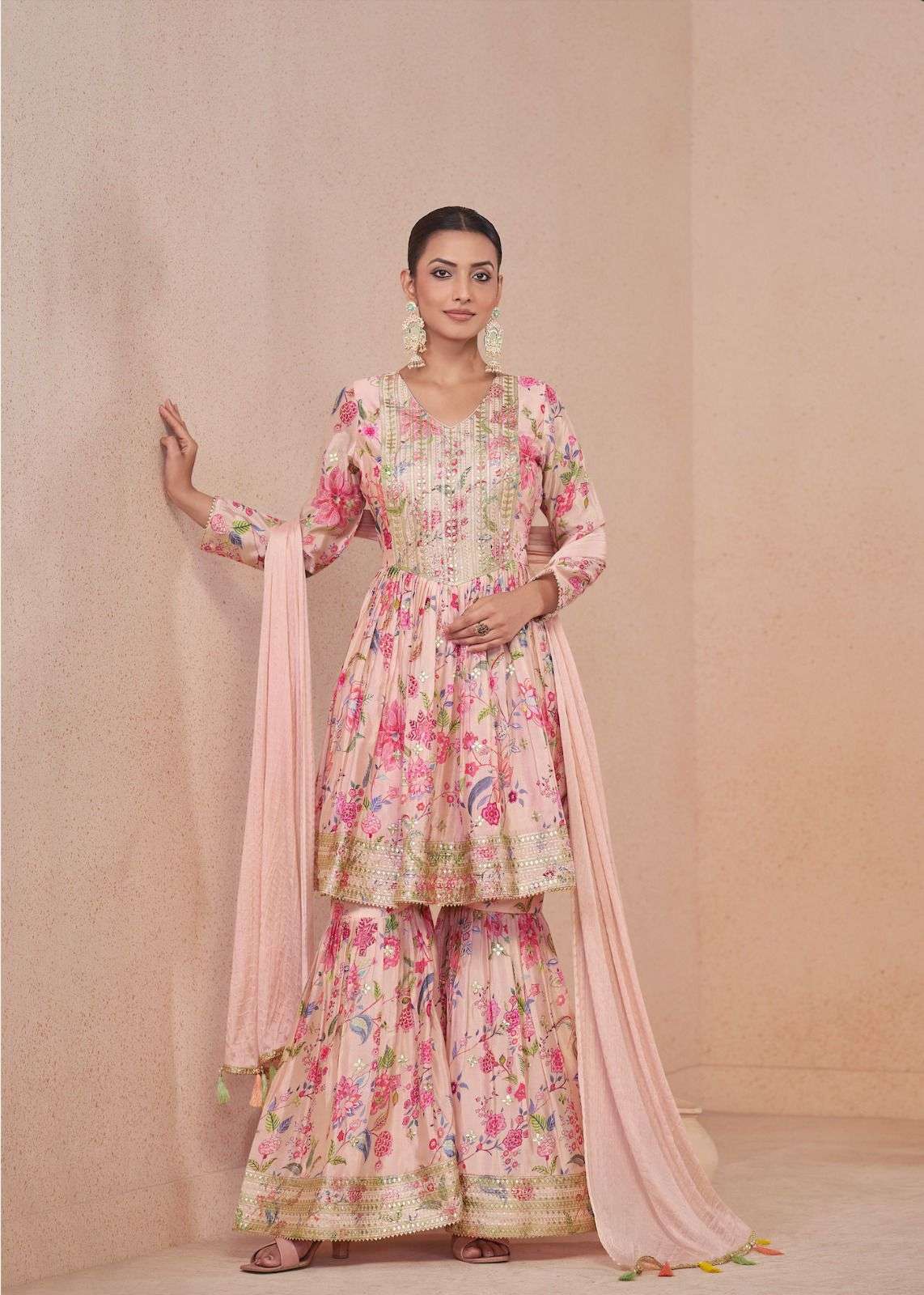 DESIGNER FANCY WEDDING PARTY WEAR REAL CHINON PINK PALLAZO SHARARA SALWAR SUIT GL VANSHIKA 7472 D