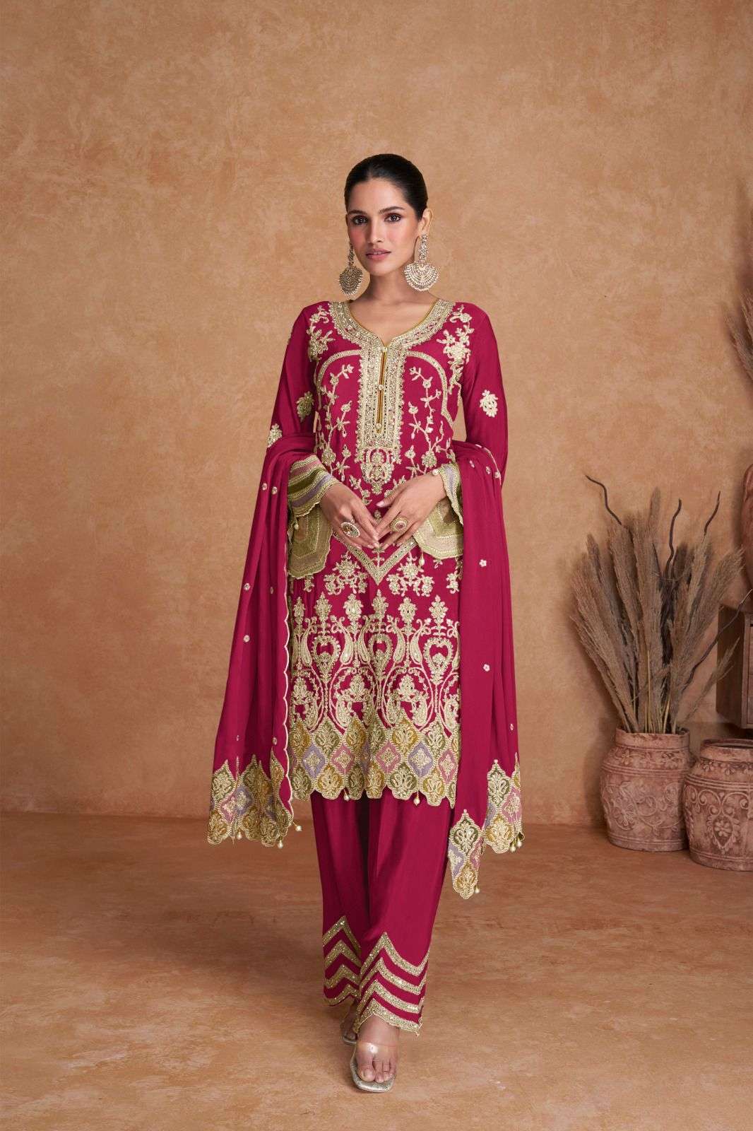 DESIGNER FANCY WEDDING PARTY WEAR REAL CHINON STARIGHT RED PAKISTANI PUNJABI SALWAR SUIT GL LIYANA 7412