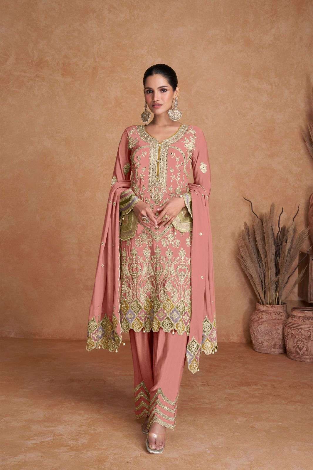 DESIGNER FANCY WEDDING PARTY WEAR REAL CHINON STARIGHT PEACH PAKISTANI PUNJABI SALWAR SUIT GL LIYANA 7414