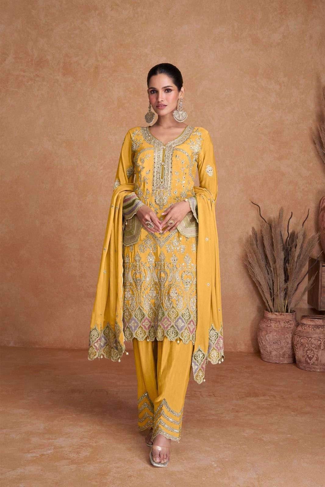 DESIGNER FANCY WEDDING PARTY WEAR REAL CHINON STARIGHT YELLOW PAKISTANI PUNJABI SALWAR SUIT GL LIYANA 7415