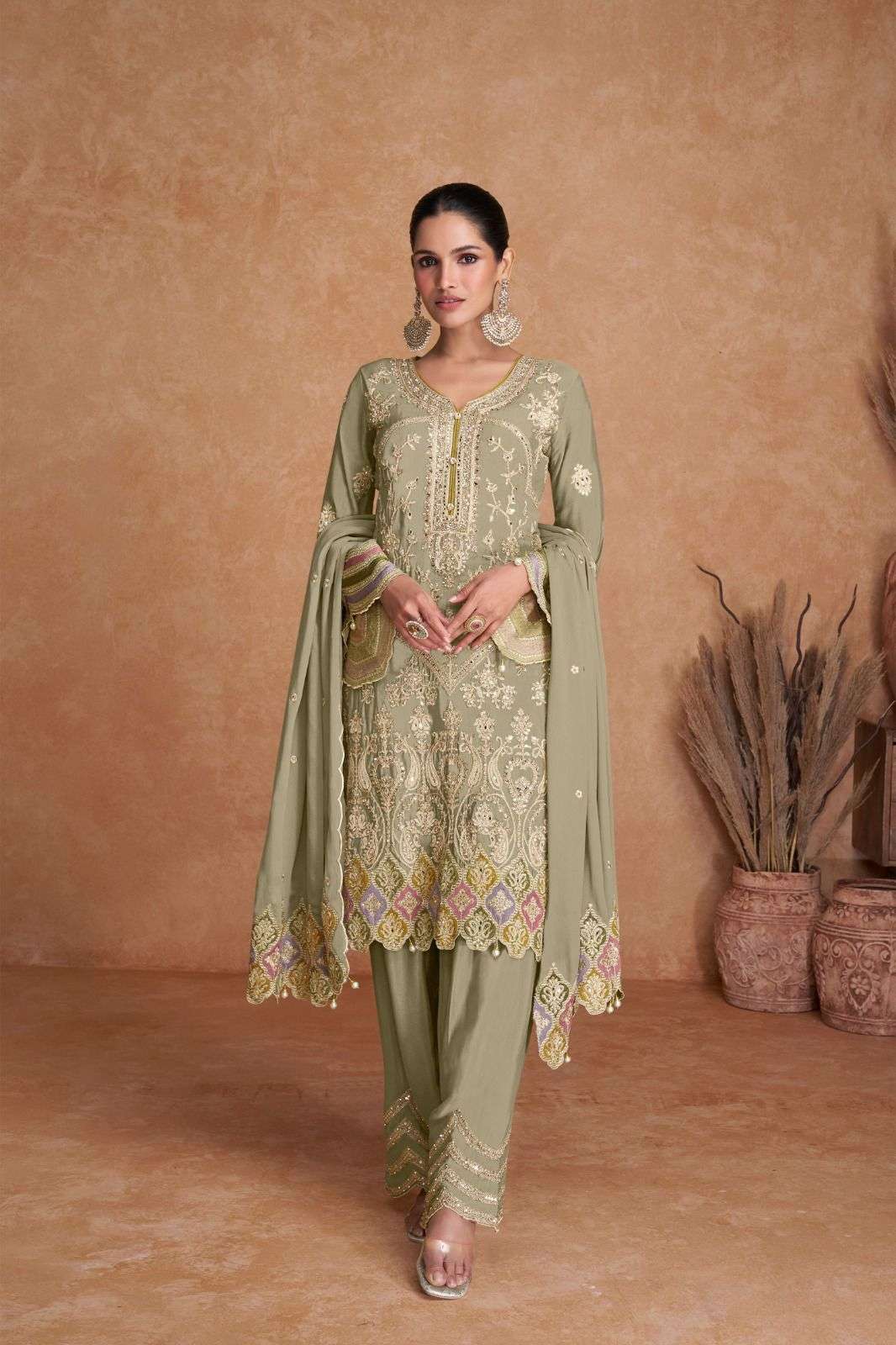 DESIGNER FANCY WEDDING PARTY WEAR REAL CHINON STARIGHT GREEN PAKISTANI PUNJABI SALWAR SUIT GL LIYANA 7416