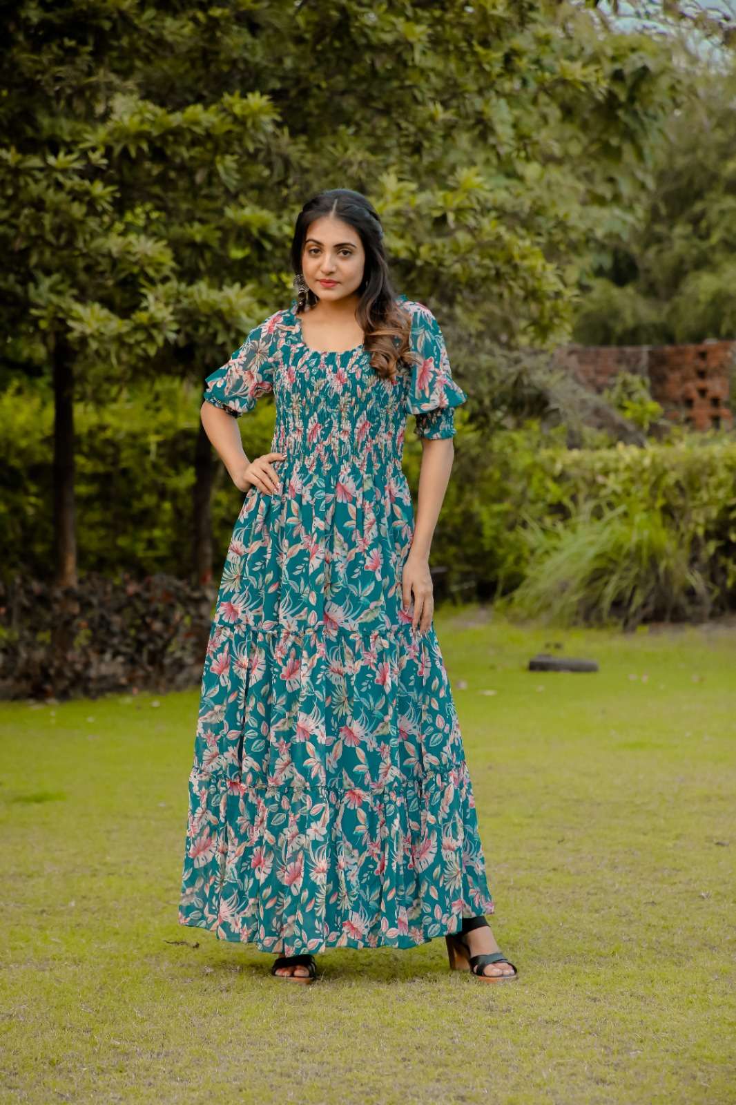 DESIGNER FANCY WESTERN WEAR MULTICOLOR READYMADE LONG MAXI SUIT ANARKALI IN GEORGETTE FABRIC AHVN 903