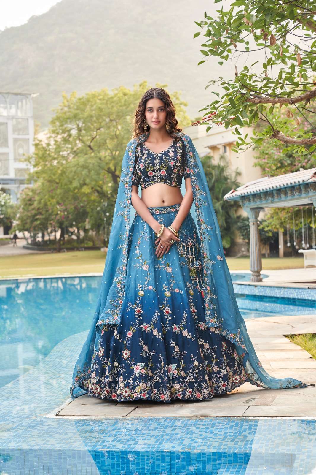 DESIGNER TRENDY STYLISH FANCY WEDDING PARTY WEAR BLUE ORGANZA LEHENGA CHOLI STREE NVN 4263 B