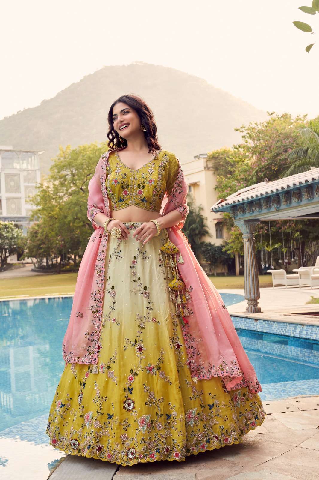 DESIGNER TRENDY STYLISH FANCY WEDDING PARTY WEAR YELLOW ORGANZA LEHENGA CHOLI STREE NVN 4263 A