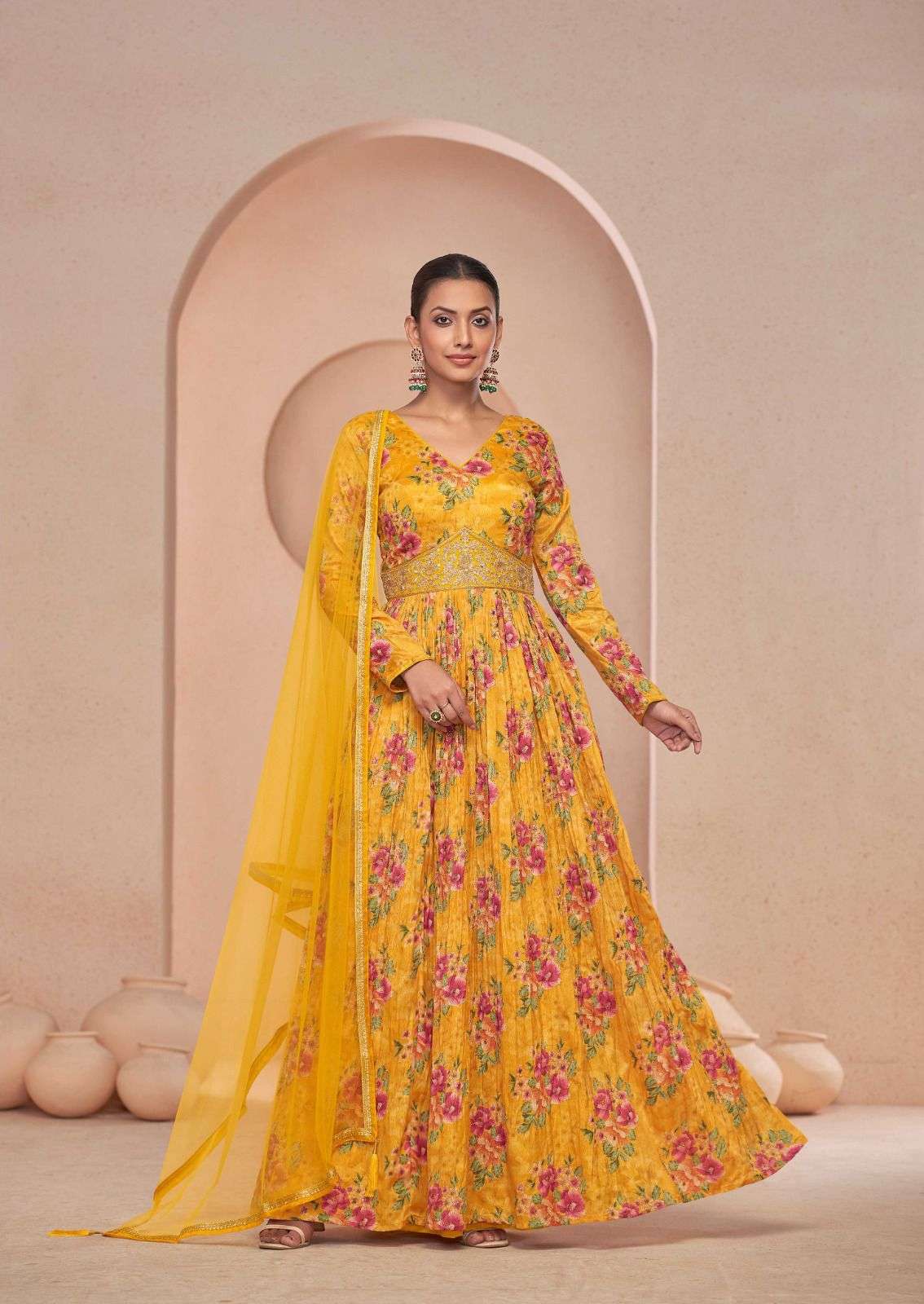 DESIGNER WEDDING PARTY WEAR GEORGETTE YELLOW ANARKALI SALWAR SUIT GOWN WITH DUPATTA GL SAJNI 7468 E