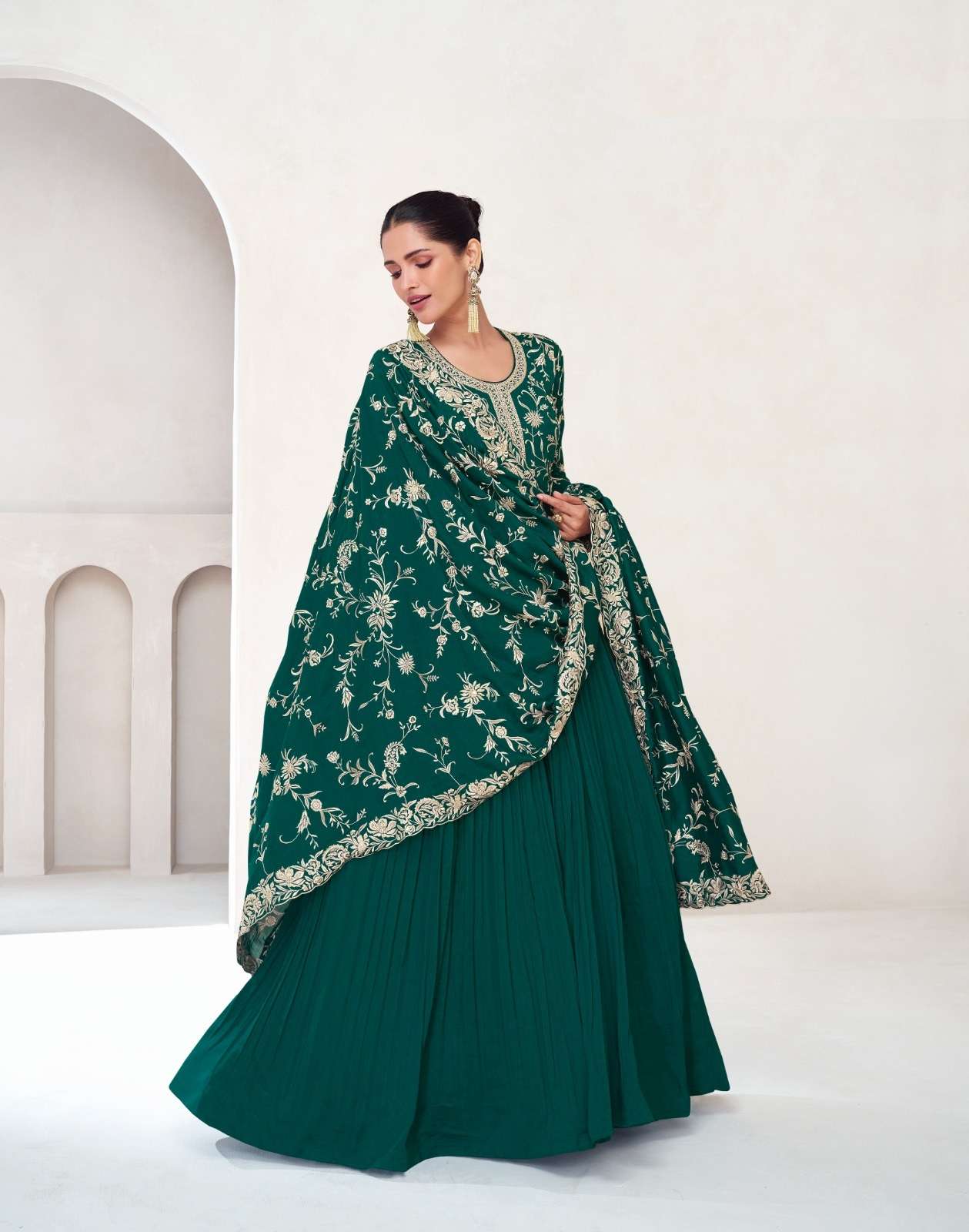 DESIGNER WEDDING PARTY WEAR GREEN SILK ANARKALI SALWAR SUIT GOWN WITH DUPATTA AF VERONICA 10010