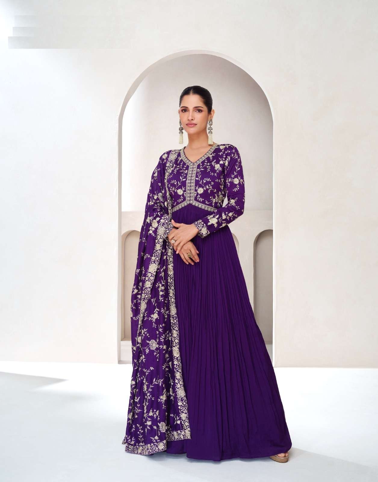 DESIGNER WEDDING PARTY WEAR PURPLE SILK ANARKALI SALWAR SUIT GOWN WITH DUPATTA AF VERONICA 10008