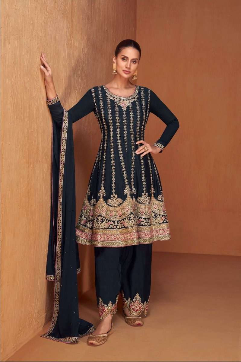 DESIGNER WEDDING PARTY WEAR REAL CHINON FANCY BLACK SHARARA SALWAR SUIT GL SHYSHA 7420