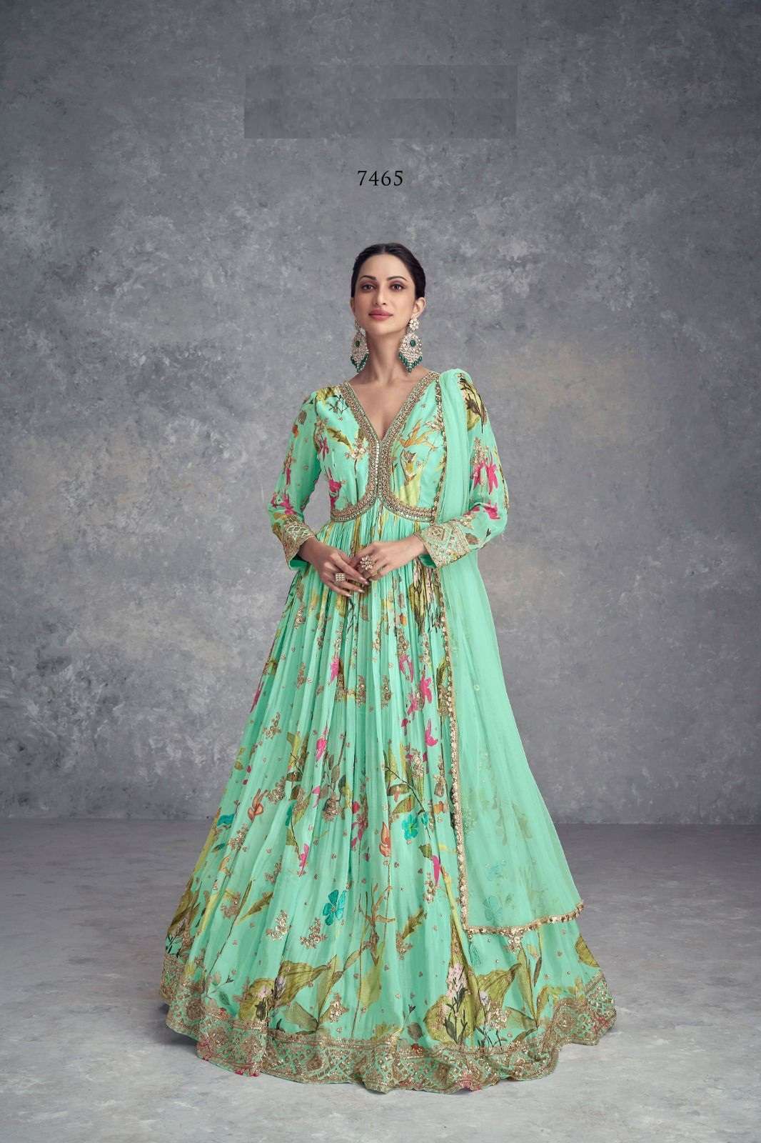 DESIGNER WEDDING PARTY WEAR REAL CHINON GREEN ANARKALI SALWAR SUIT GOWN WITH DUPATTA GL ANAYAH 7465