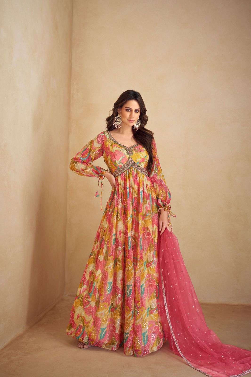 DESIGNER WEDDING PARTY WEAR REAL CHINON MULTICOLOR ANARKALI SALWAR SUIT GOWN WITH DUPATTA GL ANAYAH 7464