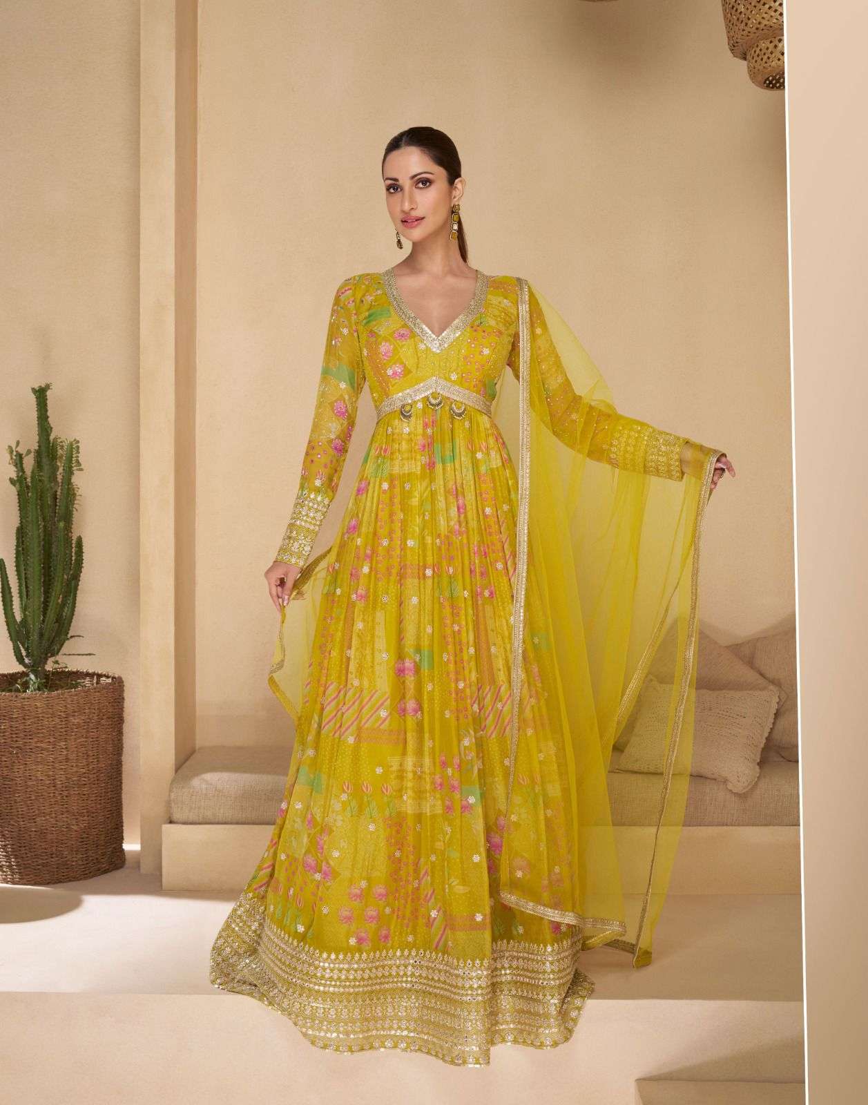 DESIGNER WEDDING PARTY WEAR REAL GEORGETTE YELLOW ANARKALI SALWAR SUIT GOWN WITH DUPATTA SY NOORI 5508