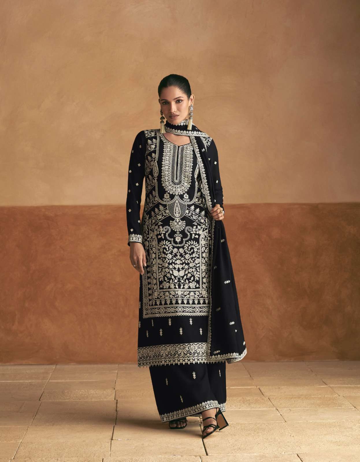 INDIAN DESIGNER FANCY WEDDING PARTY WEAR BLACK CHINON SHARARA SALWAR SUIT AF MERAKI 10054