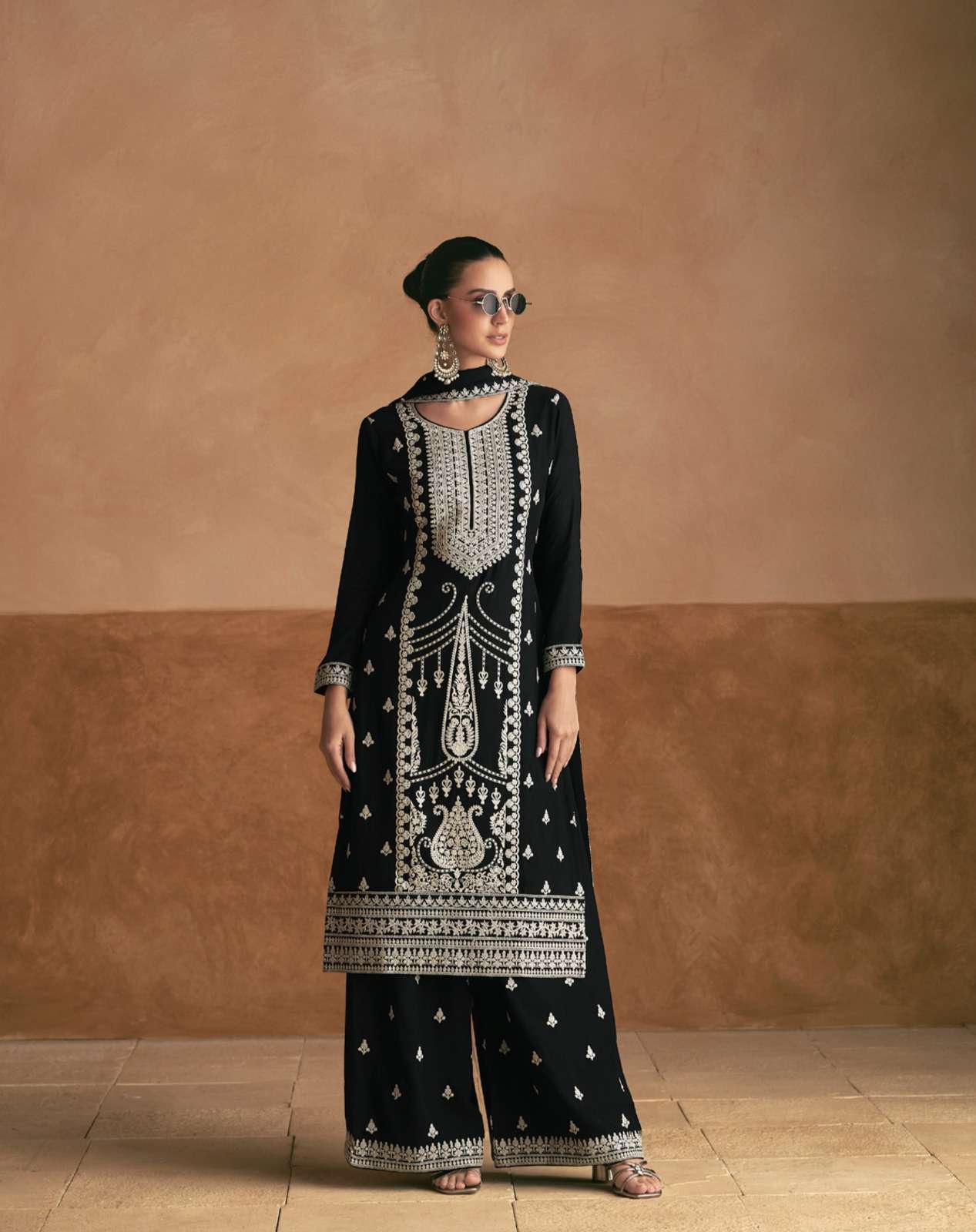 INDIAN DESIGNER FANCY WEDDING PARTY WEAR BLACK CHINON SHARARA SALWAR SUIT AF MERAKI 10056