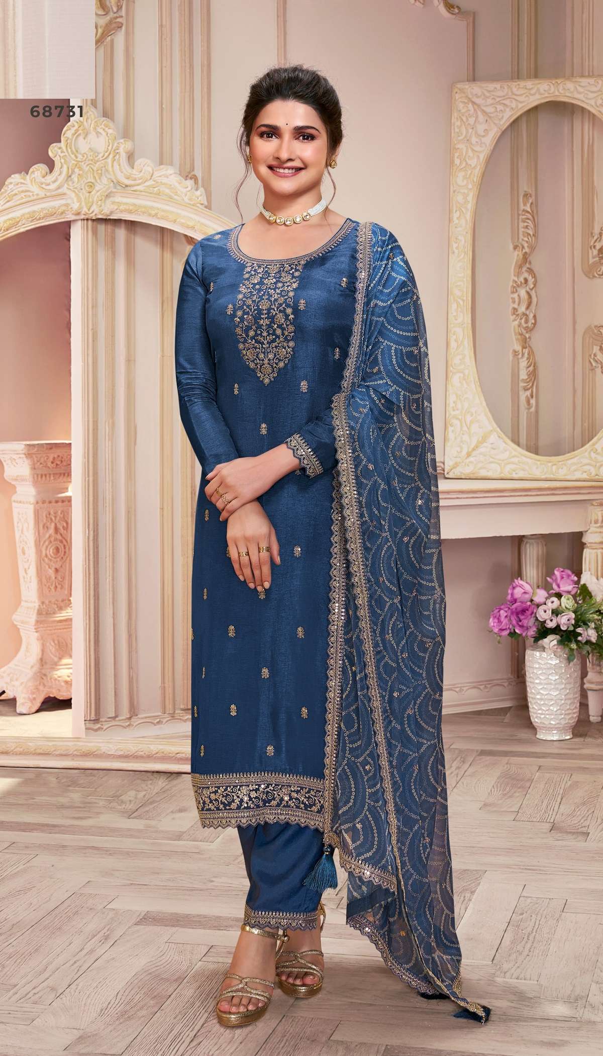 INDIAN DESIGNER FANCY WEDDING PARTY WEAR BLUE SILK STRAIGHT SALWAR SUIT DST VNY SAANJH 68731