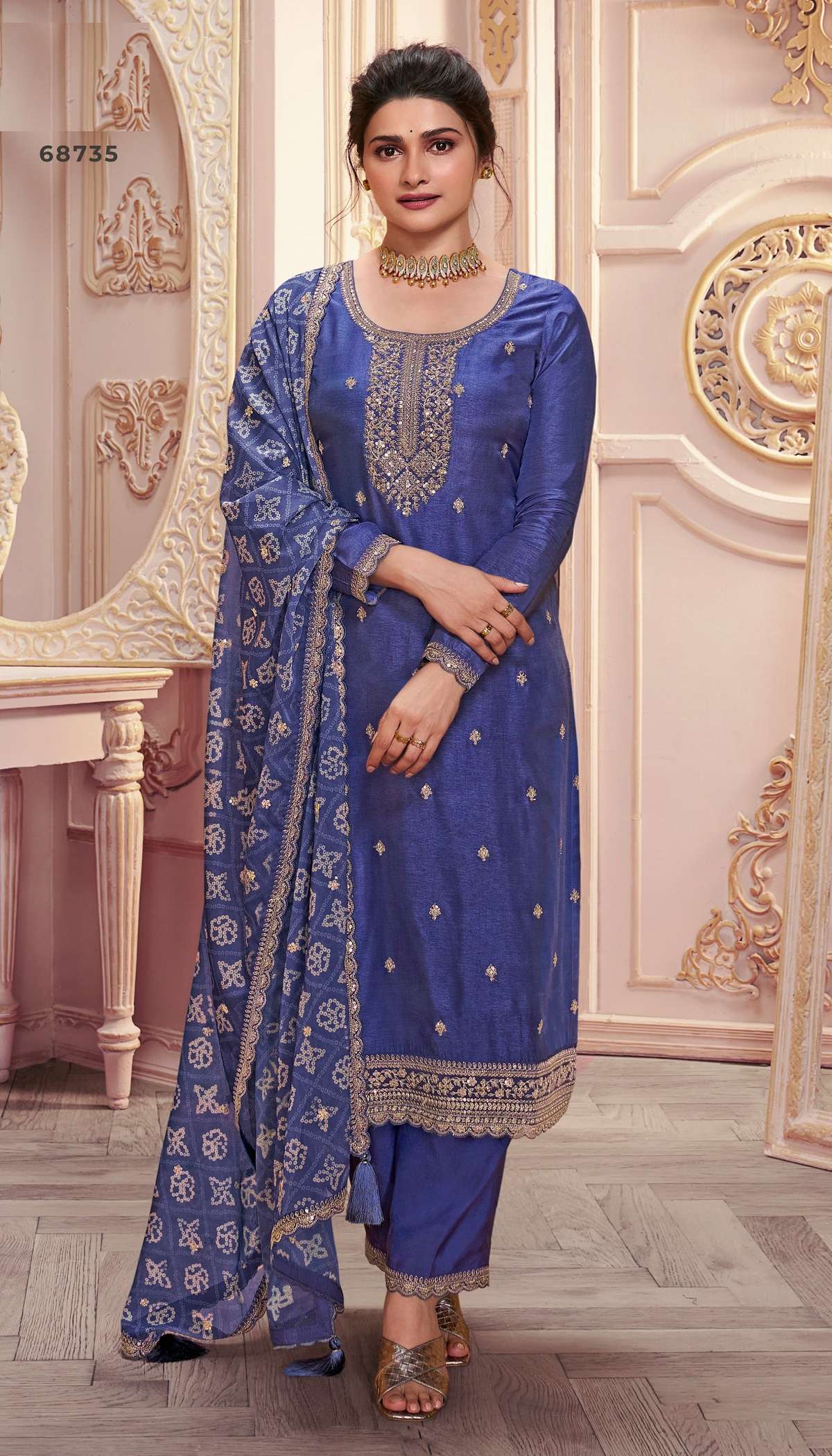 INDIAN DESIGNER FANCY WEDDING PARTY WEAR BLUE SILK STRAIGHT SALWAR SUIT DST VNY SAANJH 68735