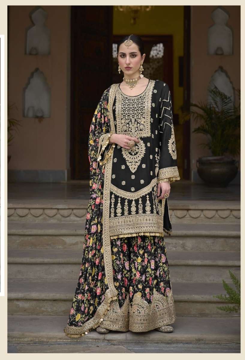 INDIAN DESIGNER FANCY WEDDING PARTY WEAR CHINON SILK BLACK SHARARA PALLAZO SALWAR SUIT RH SADAF 6001