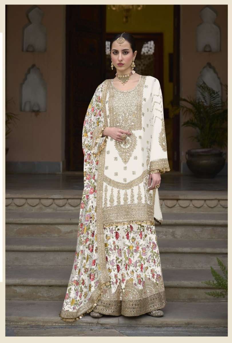 INDIAN DESIGNER FANCY WEDDING PARTY WEAR CHINON SILK WHITE SHARARA PALLAZO SALWAR SUIT RH SADAF 6002