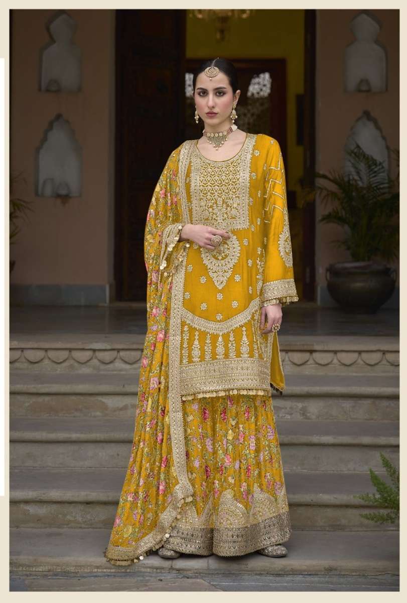 INDIAN DESIGNER FANCY WEDDING PARTY WEAR CHINON SILK YELLOW SHARARA PALLAZO SALWAR SUIT RH SADAF 6003