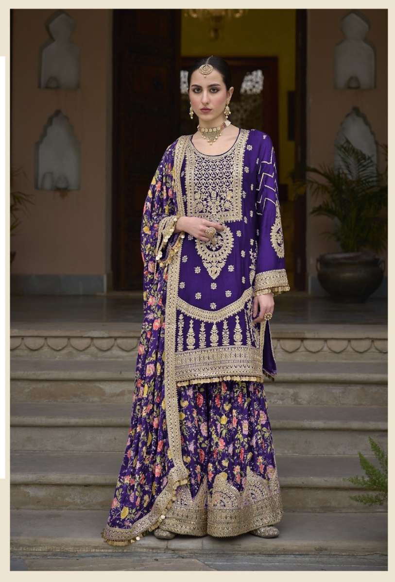 INDIAN DESIGNER FANCY WEDDING PARTY WEAR CHINON SILK PURPLE SHARARA PALLAZO SALWAR SUIT RH SADAF 6004