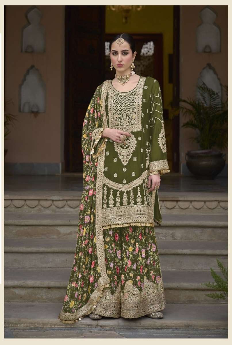 INDIAN DESIGNER FANCY WEDDING PARTY WEAR CHINON SILK GREEN SHARARA PALLAZO SALWAR SUIT RH SADAF 6005