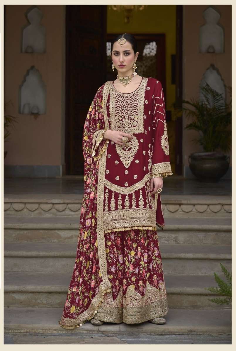 INDIAN DESIGNER FANCY WEDDING PARTY WEAR CHINON SILK RED SHARARA PALLAZO SALWAR SUIT RH SADAF 6006