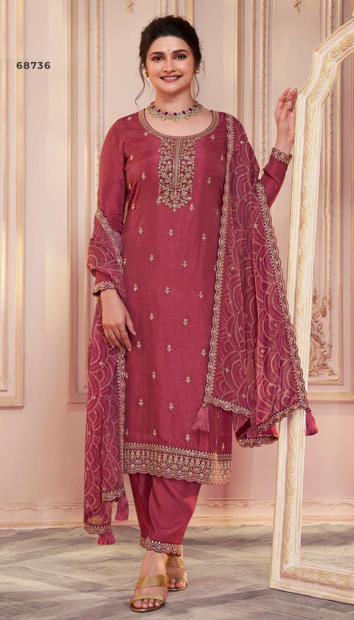 INDIAN DESIGNER FANCY WEDDING PARTY WEAR PINK SILK STRAIGHT SALWAR SUIT DST VNY SAANJH 68736