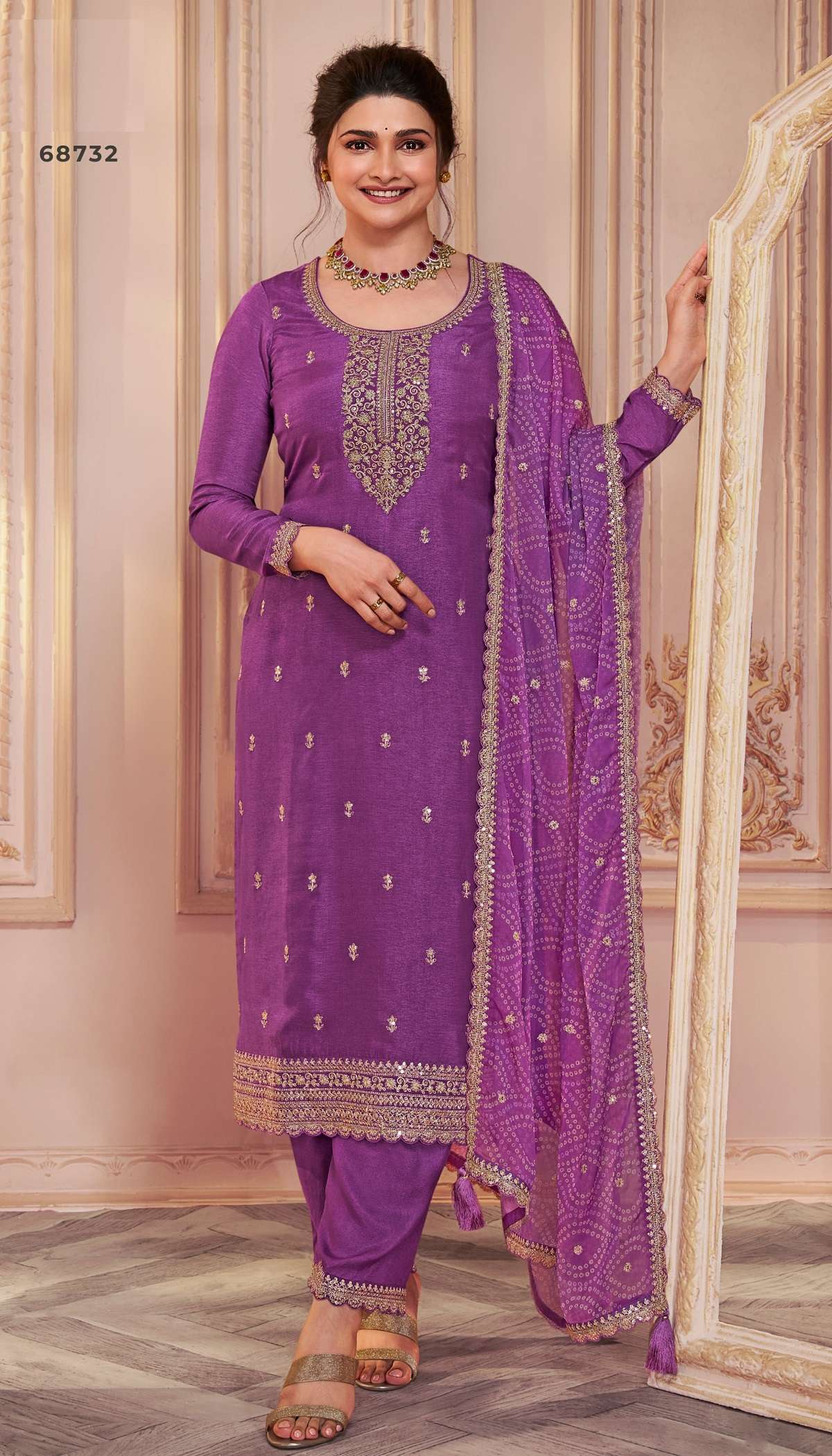 INDIAN DESIGNER FANCY WEDDING PARTY WEAR PURPLE SILK STRAIGHT SALWAR SUIT DST VNY SAANJH 68732