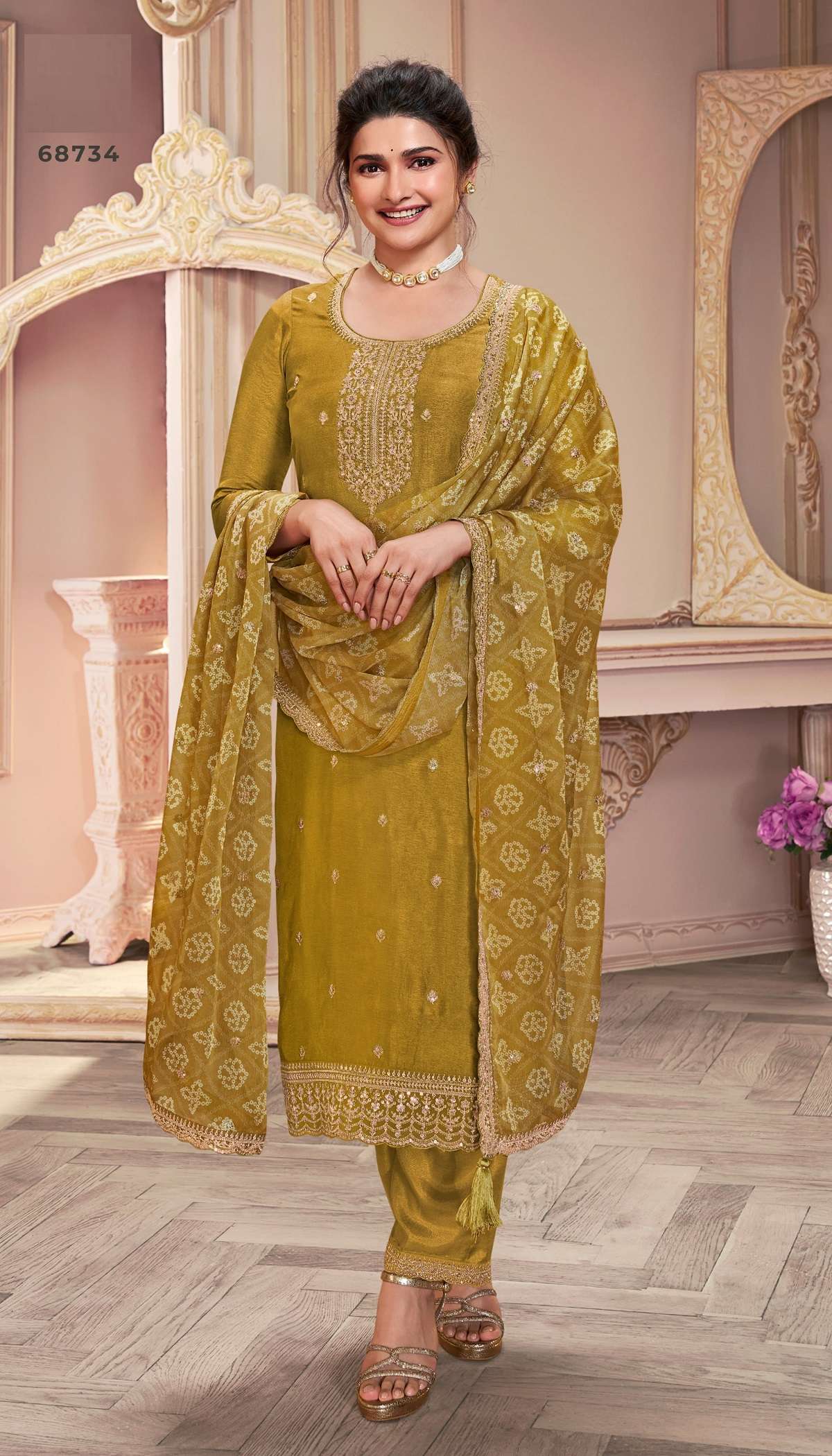 INDIAN DESIGNER FANCY WEDDING PARTY WEAR YELLOW SILK STRAIGHT SALWAR SUIT DST VNY SAANJH 68734