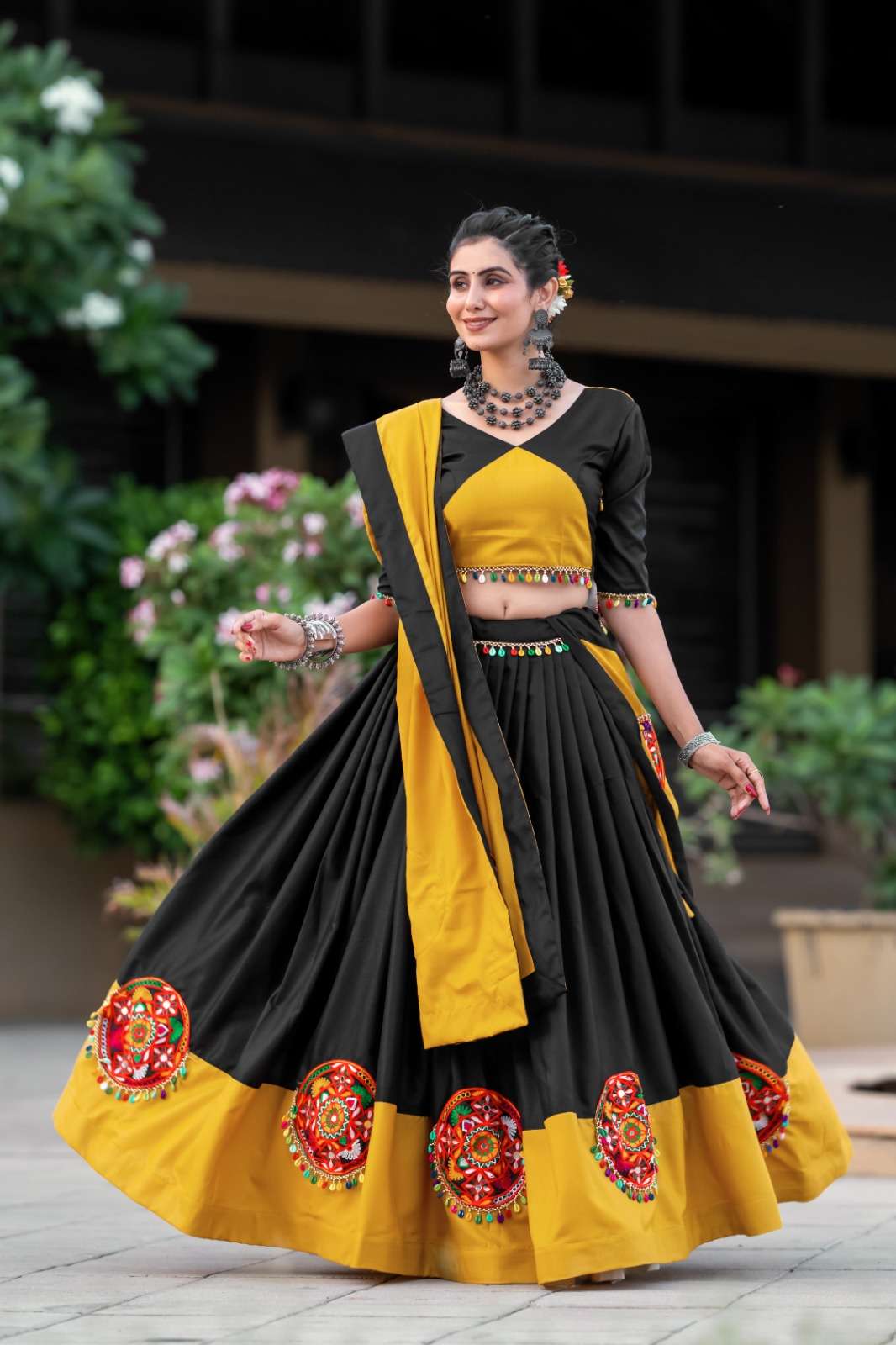 READY TO WEAR NAVRATRI BLACK COTTON LEHENGA CUM GAMTHI LEHENGA MIRROR WORK CHOLI PC 7066