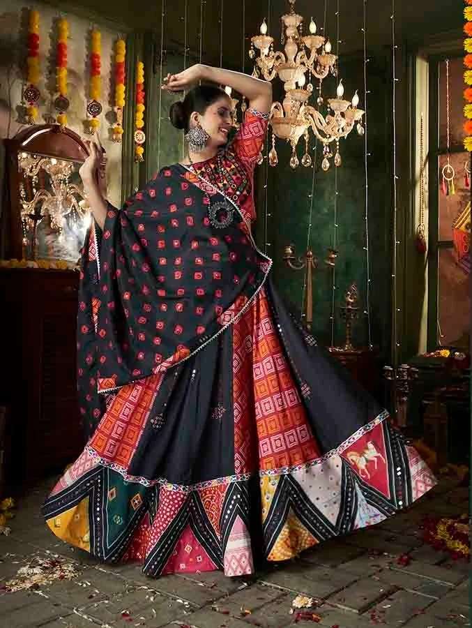 READY TO WEAR NAVRATRI COTTON BLACK LEHENGA CUM GAMTHI LEHENGA MIRROR WORK CHOLI KF RAAS 2411