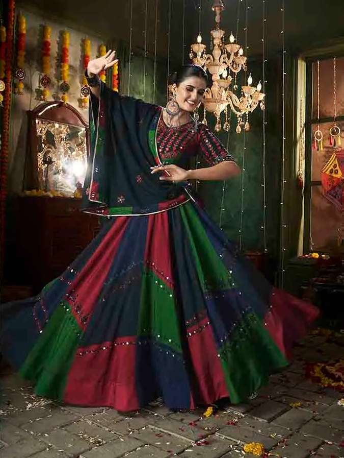 READY TO WEAR NAVRATRI COTTON MULTICOLOR LEHENGA CUM GAMTHI LEHENGA MIRROR WORK CHOLI KF RAAS 2413