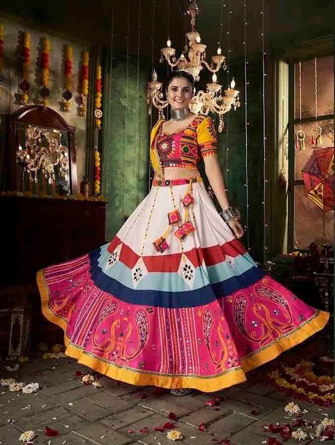 READY TO WEAR NAVRATRI COTTON WHITE LEHENGA CUM GAMTHI LEHENGA MIRROR WORK CHOLI KF RAAS 2415