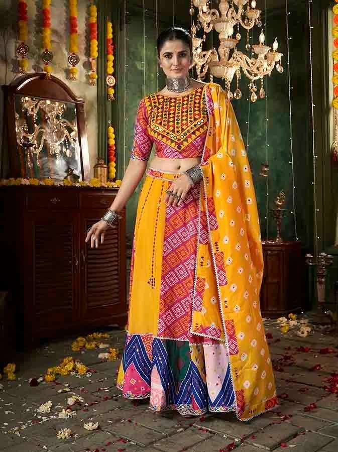 READY TO WEAR NAVRATRI COTTON YELLOW LEHENGA CUM GAMTHI LEHENGA MIRROR WORK CHOLI KF RAAS 2416