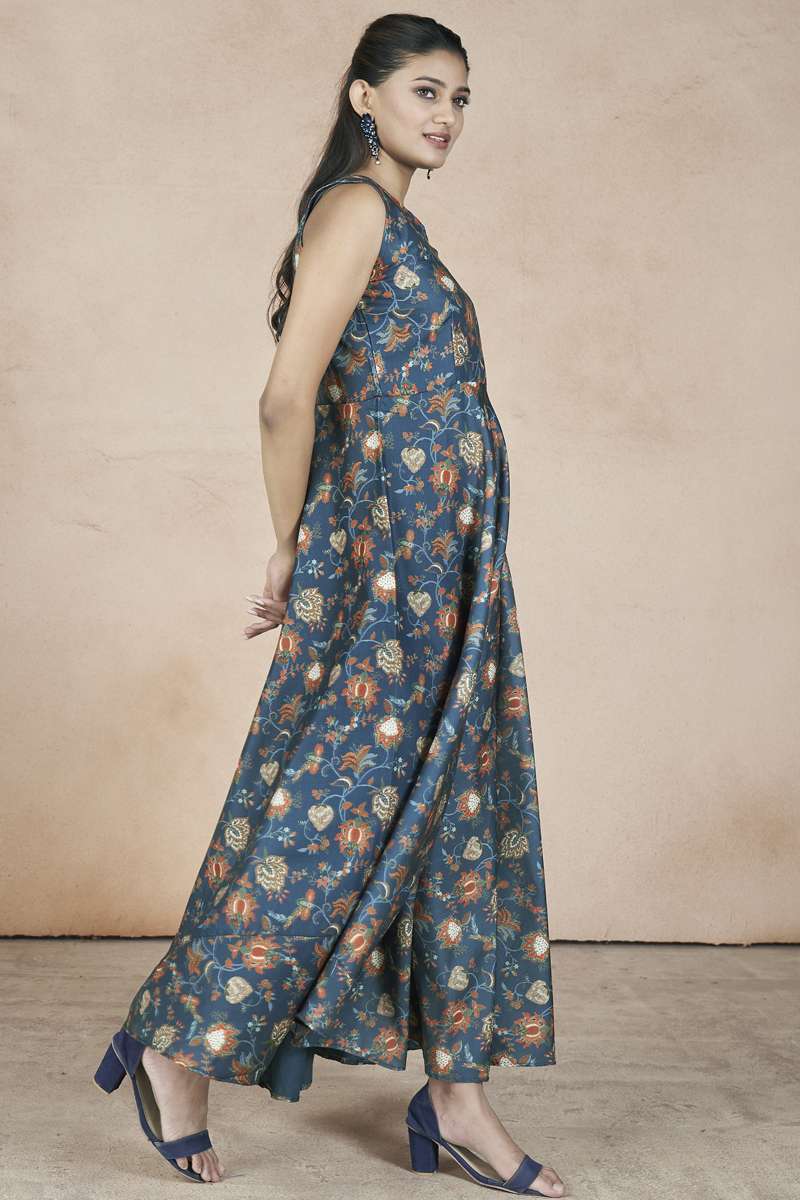 WESTERN WEAR DESIGNER FLORAL PRINTED COTTON BLUE MAXI DRESS FOR MONSOON WEAR AHVN 62