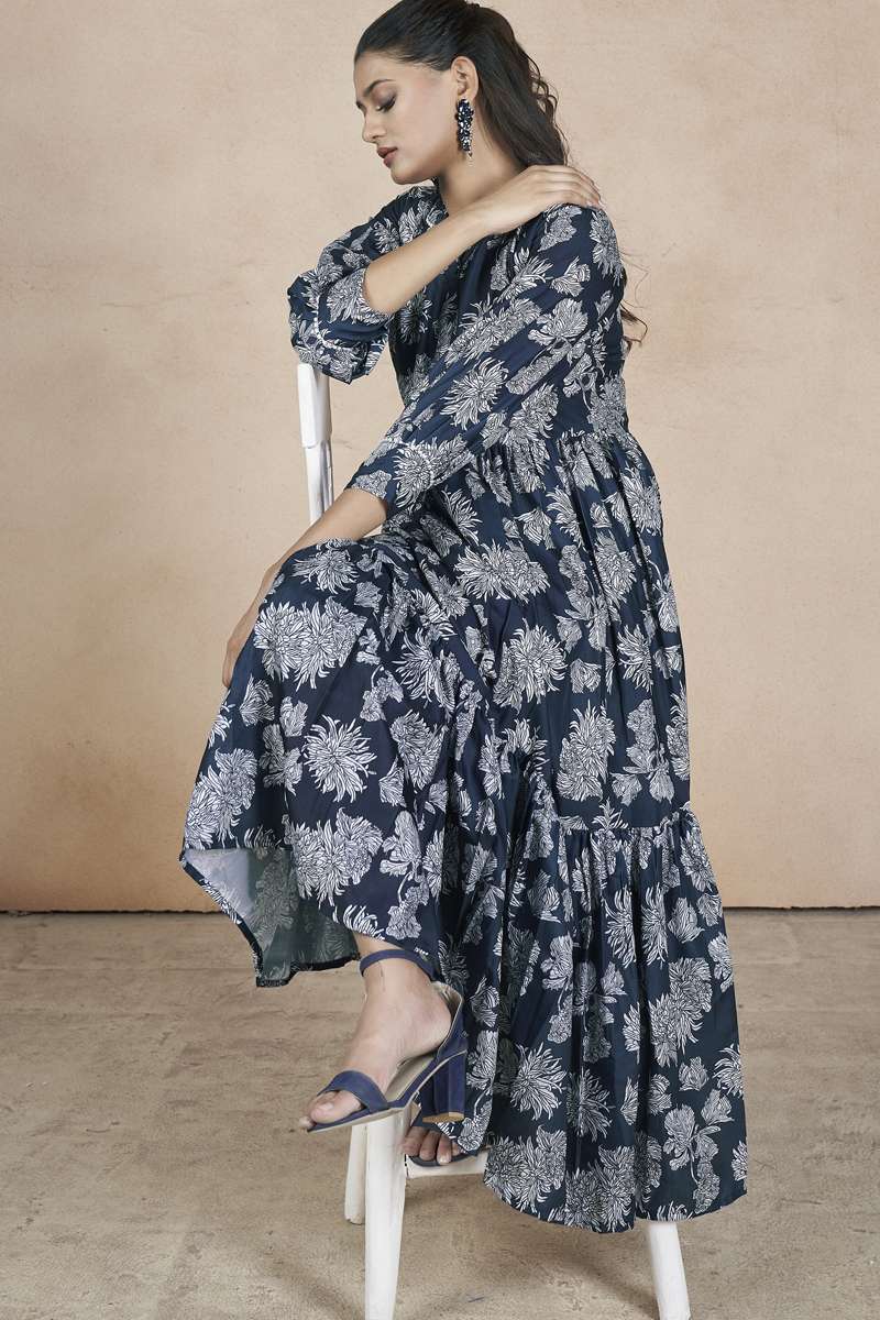 WESTERN WEAR DESIGNER FLORAL PRINTED COTTON BLUE MAXI DRESS FOR MONSOON WEAR AHVN 63