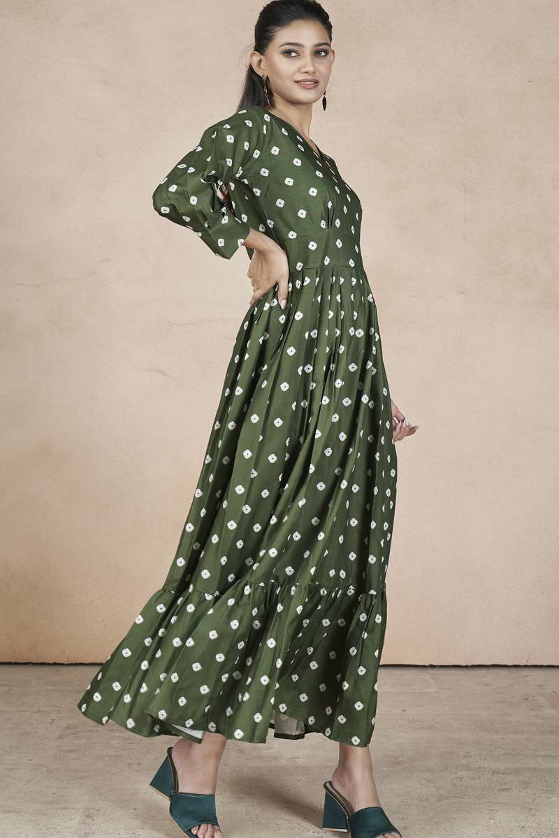 WESTERN WEAR DESIGNER FLORAL PRINTED COTTON GREEN MAXI DRESS FOR MONSOON WEAR AHVN 60