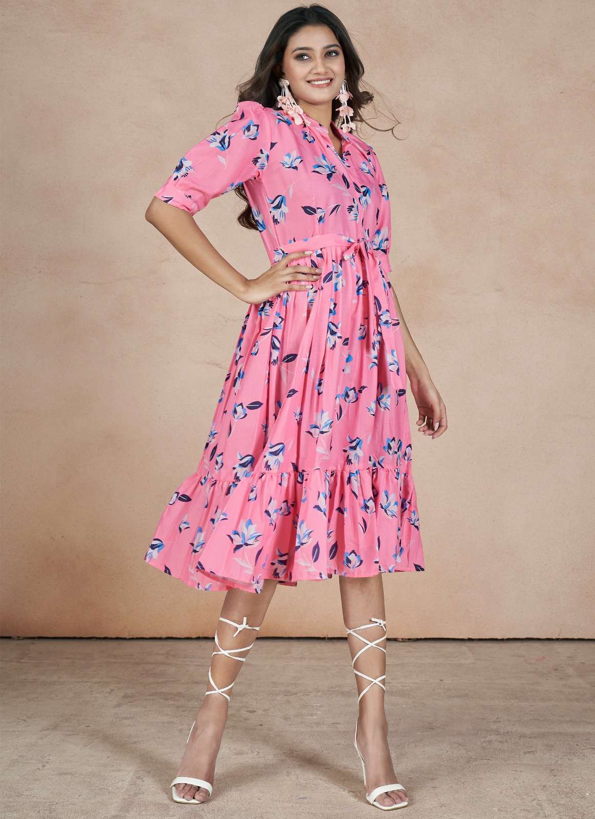 WESTERN WEAR DESIGNER FLORAL PRINTED COTTON PINK MAXI DRESS FOR MONSOON WEAR AHVN 53