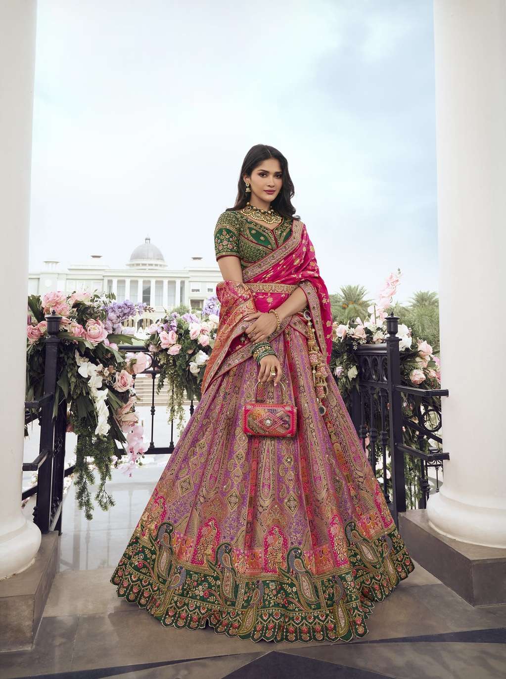 DESIGNER BRIDAL WEDDING PARTY WEAR MULTICOLOR BANARASI SILK LEHENGA CHOLI WITH AARI WORK SM ROYAL 10296