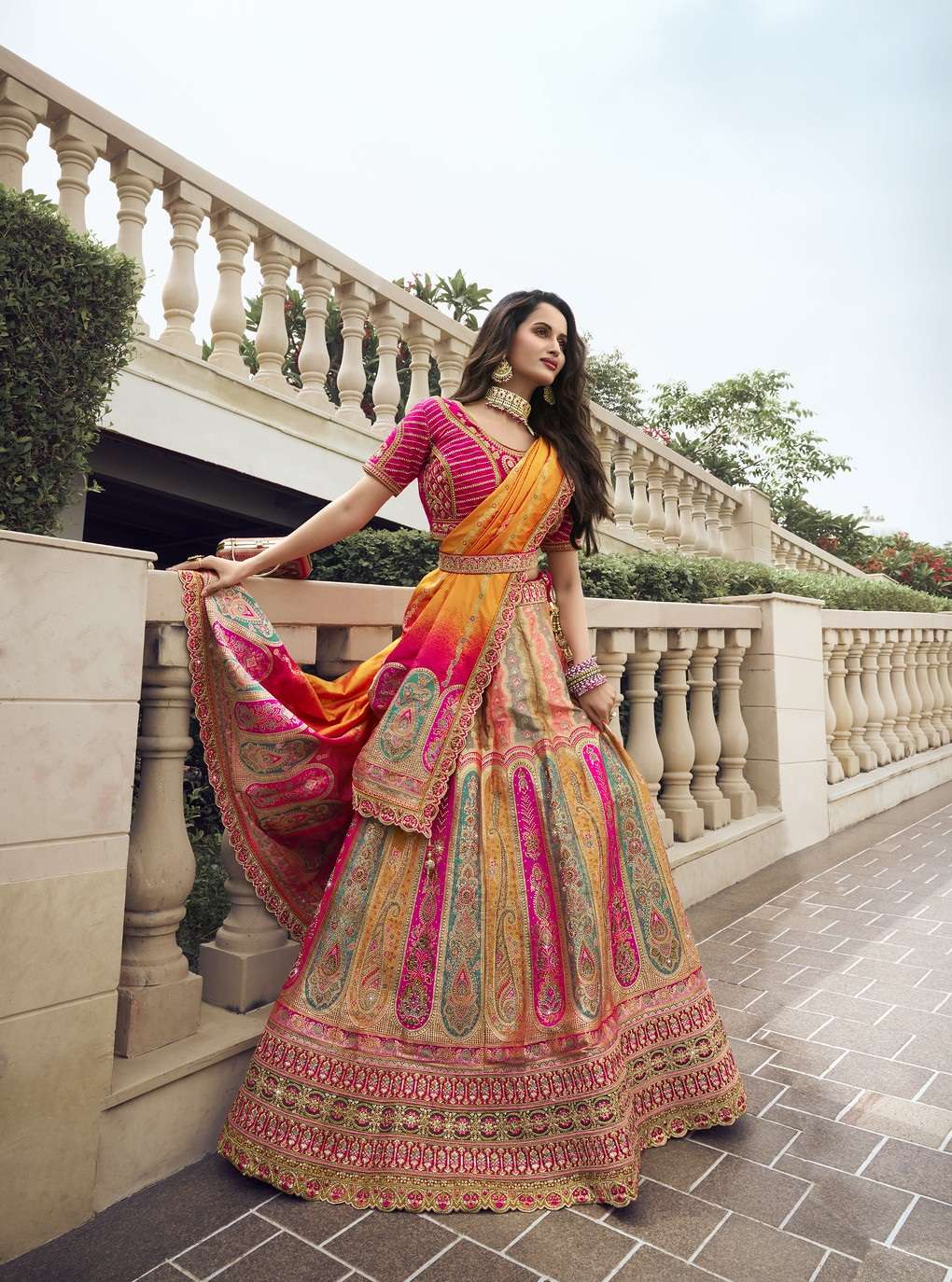 DESIGNER BRIDAL WEDDING PARTY WEAR MULTICOLOR BANARASI SILK LEHENGA CHOLI WITH AARI WORK SM ROYAL 10297