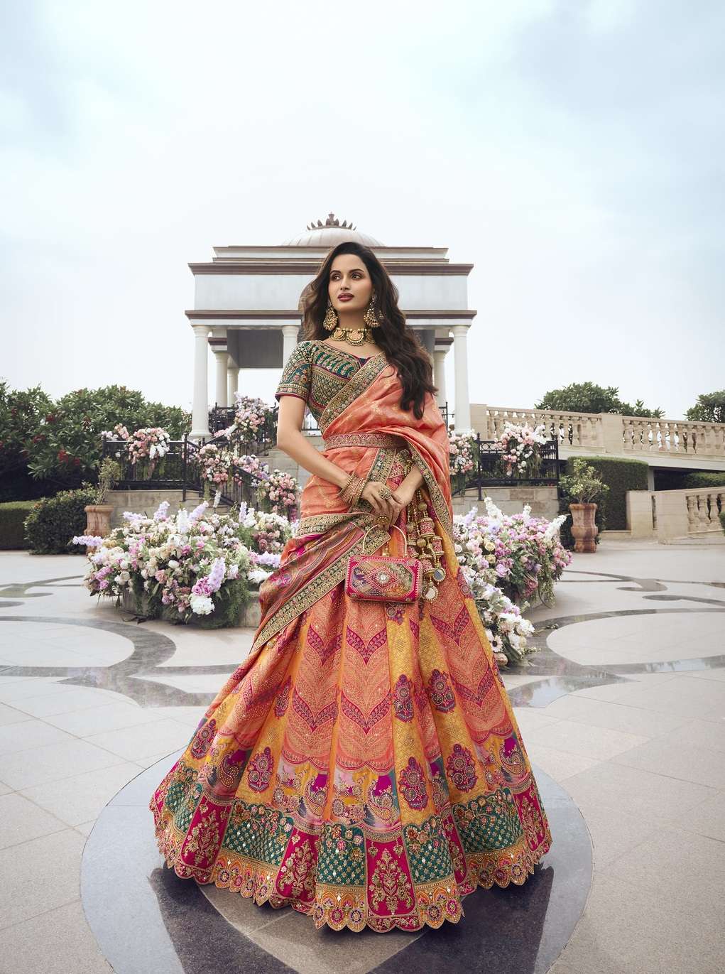 DESIGNER BRIDAL WEDDING PARTY WEAR MULTICOLOR BANARASI SILK LEHENGA CHOLI WITH AARI WORK SM ROYAL 10298