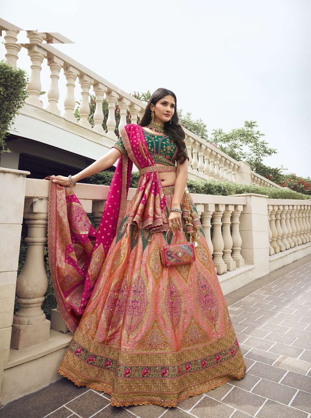 DESIGNER BRIDAL WEDDING PARTY WEAR MULTICOLOR BANARASI SILK LEHENGA CHOLI WITH AARI WORK SM ROYAL 10299