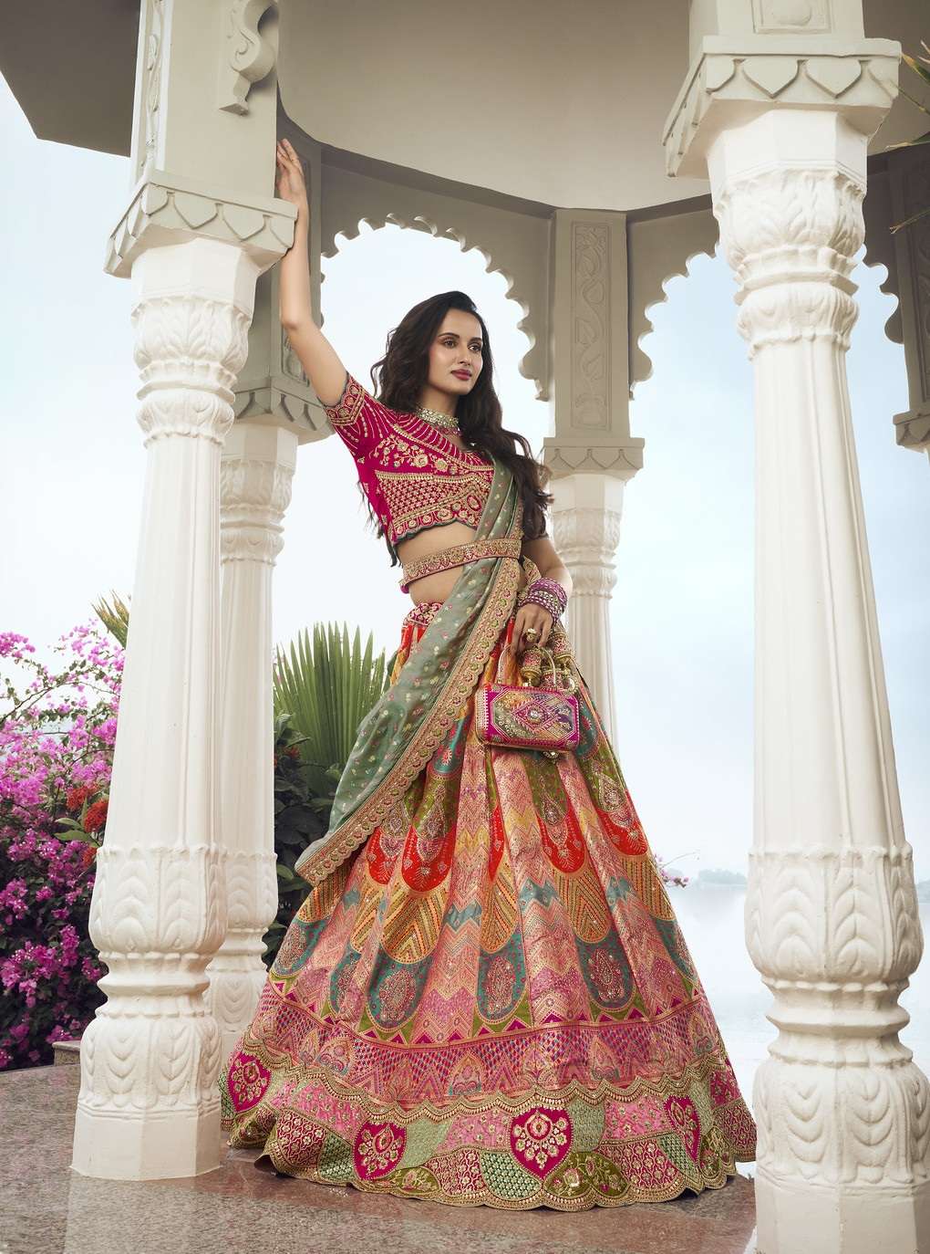DESIGNER BRIDAL WEDDING PARTY WEAR MULTICOLOR BANARASI SILK LEHENGA CHOLI WITH AARI WORK SM ROYAL 10300