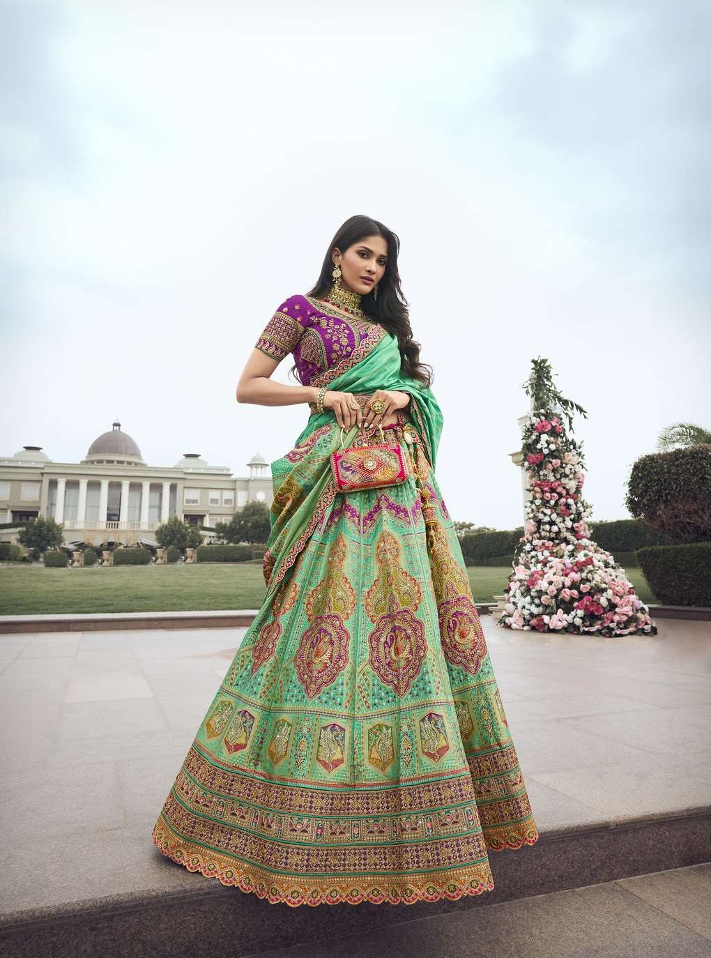 DESIGNER BRIDAL WEDDING PARTY WEAR MULTICOLOR BANARASI SILK LEHENGA CHOLI WITH AARI WORK SM ROYAL 10301